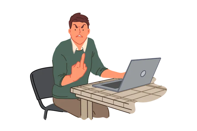 Computer Malfunction Work Problem Irritability Anger Concept Young Man Showing Obscene Gesture At Laptop Emotional Burnout Fury And Rudeness Bad Manners Signs Simple Flat Vector Illustration