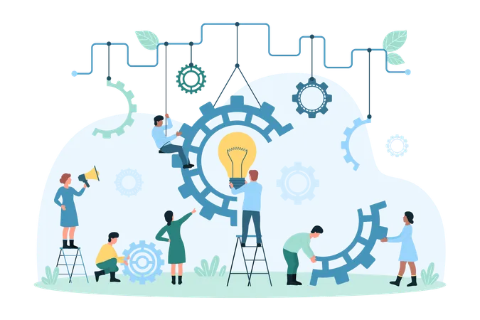 Work Process On Digital Creative Idea And Innovation Vector Illustration Cartoon Team Of Tiny People Holding Parts Of Machine Characters Put Light Bulb Inside Gear Together Research Tech Solutions Illustration