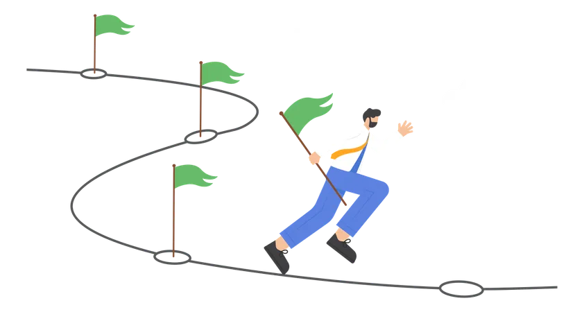 Work Progress On Assigned Task Or Project Team Achievements And Milestones Concept Businessmen Follow A Path To Place Flags At Each Point Of Success Illustration