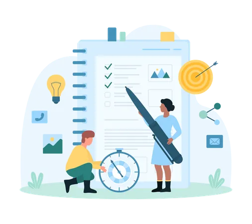 Work Project Planning Survey Checklist Vector Illustration Cartoon Tiny People Holding Pen And Timer To Write Plan In Daily Journal And Check Business Goals Tick To Do List In Paper Notepad イラスト