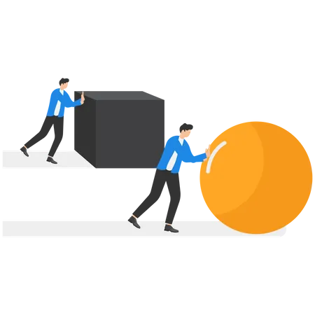 Work Smarter Not Harder Competition Enterprising Businessman Pushes Sphere Behind Are Pushing A Heavy Load Direction To Victory Winning Strategy Business Concept Effective Achievement Illustration