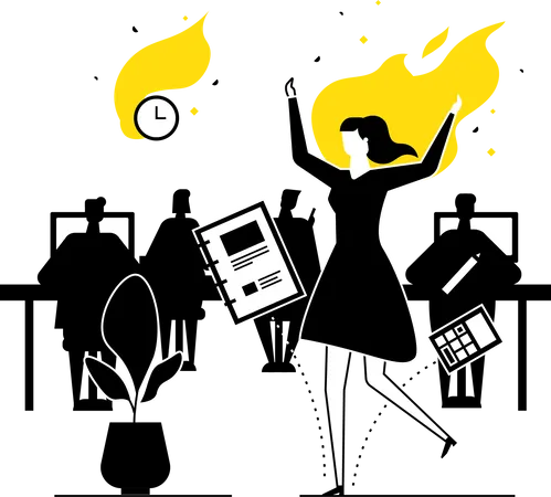 Job Burnout Modern Flat Design Style Illustration Black White And Yellow Unusual Composition With A Female Office Worker On Fire Having A Deadline Stress At Work Time Management Concept Illustration