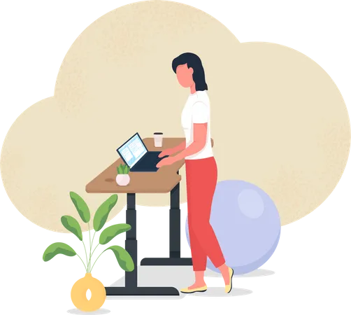 Work At Standing Desk 2 D Vector Web Banner Poster Freelancer At Laptop Woman At Workstation Flat Characters On Cartoon Background Workout At Workplace Printable Patch Colorful Web Element Illustration