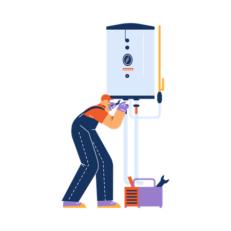 Worker adjust and fix boiler with spanner  Illustration