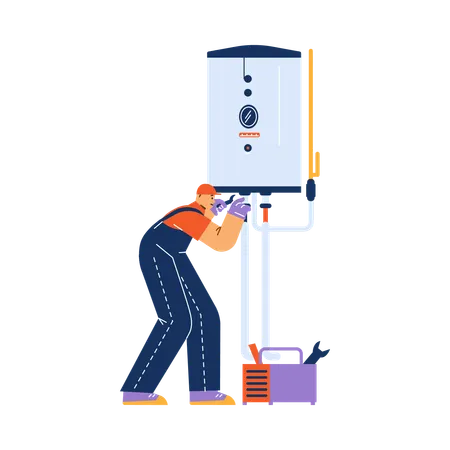 Worker adjust and fix boiler with spanner  Illustration