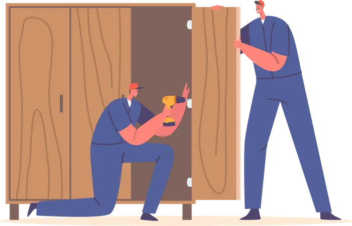 Worker Characters Assemble Wooden Furniture Using Drill They Follow Instructions Attach Doors And Hardware And Ensure That The Pieces Fit Together Correctly Cartoon People Vector Illustration Illustration