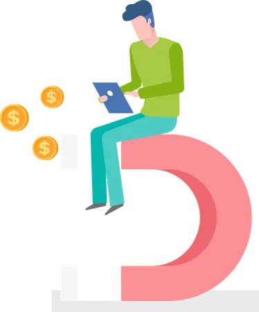 Investor Holding Tablet Attract Money By Magnet Worker And Currency Coin Symbol Finance Strategy Online Investment And Cash Finance Innovation Vector Illustration