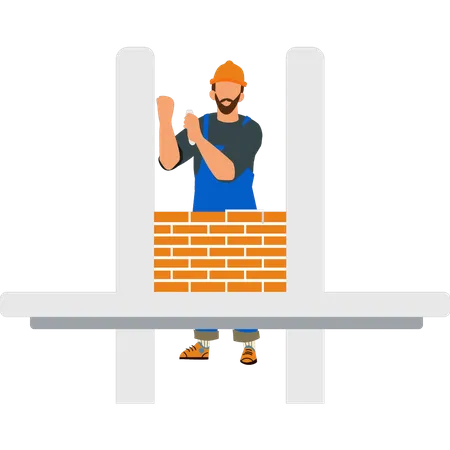 A Worker Is Building A Brick Wall Illustration