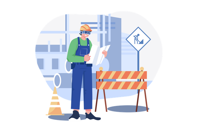 Worker building plan using VR tech  Illustration