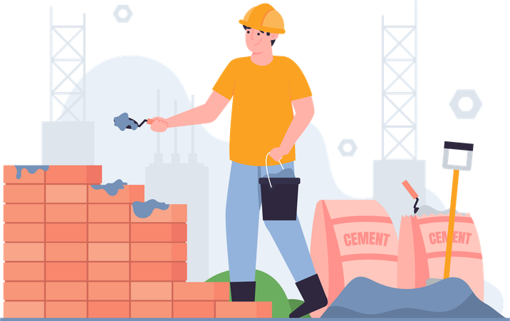 Worker Building Wall  Illustration