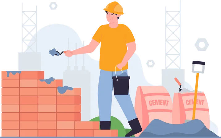 Worker Building Wall  Illustration