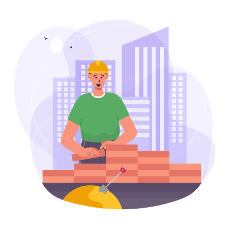 Worker building wall at construction site  イラスト