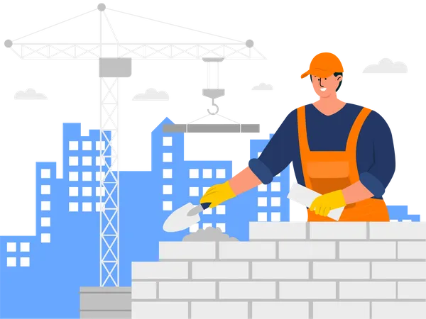 Worker building wall using bricks Illustration