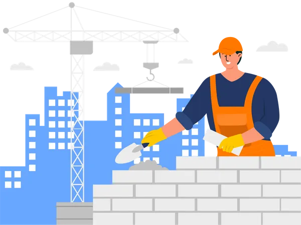 Worker building wall using bricks  Illustration