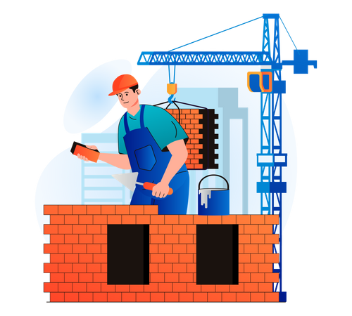 Worker building wall using bricks  Illustration