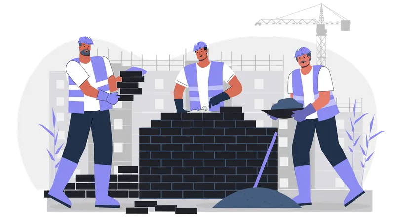 Worker building wall using bricks  Illustration