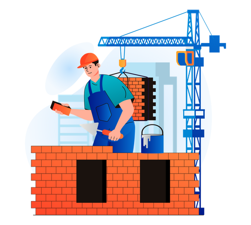 Worker building wall using bricks  イラスト