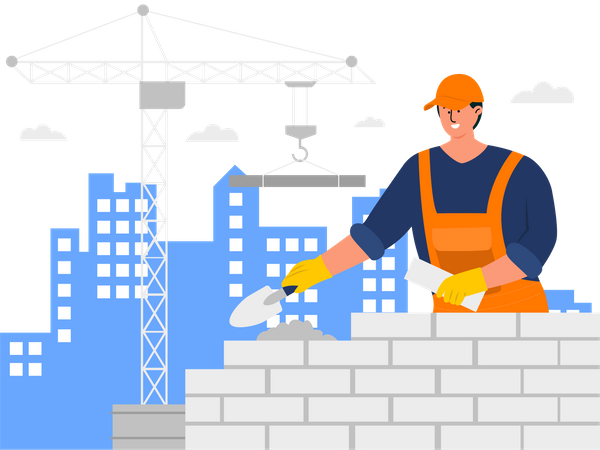 Worker building wall using bricks  イラスト