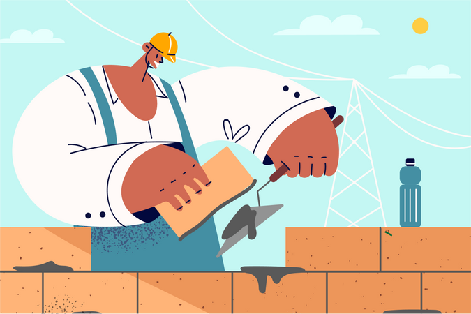Worker built bricks wall  イラスト