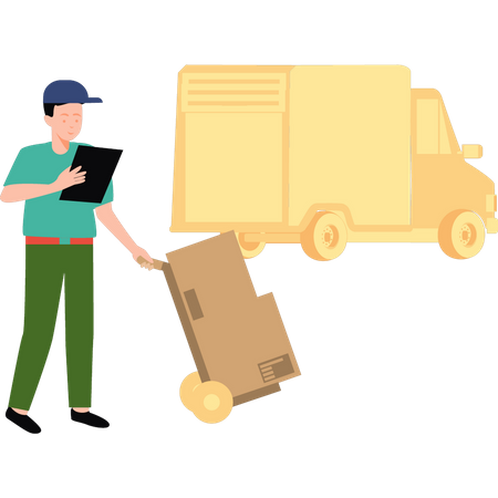 Worker carries carton trolley Illustration