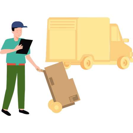 Worker carries carton trolley  Illustration