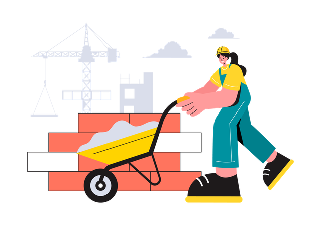 Worker carries construction cart for building walls  Illustration