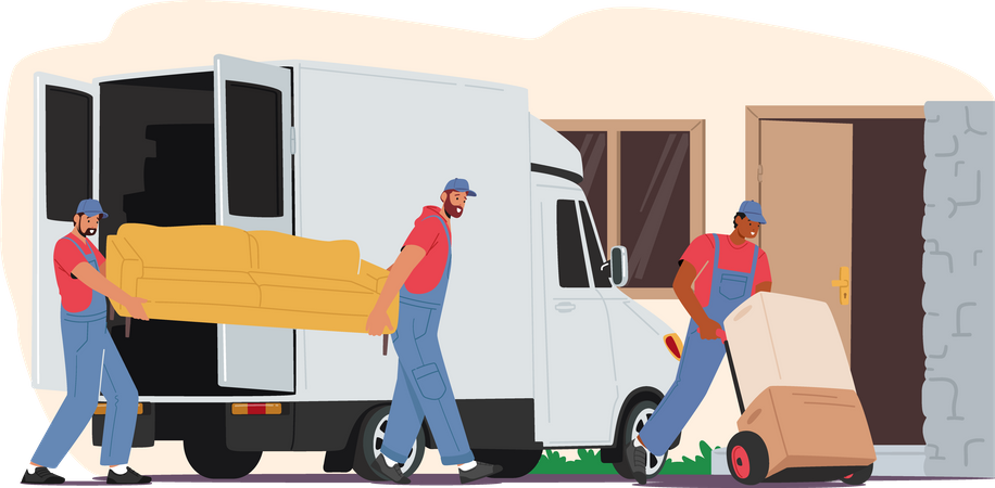 Worker carrying boxes and unloading truck  Illustration