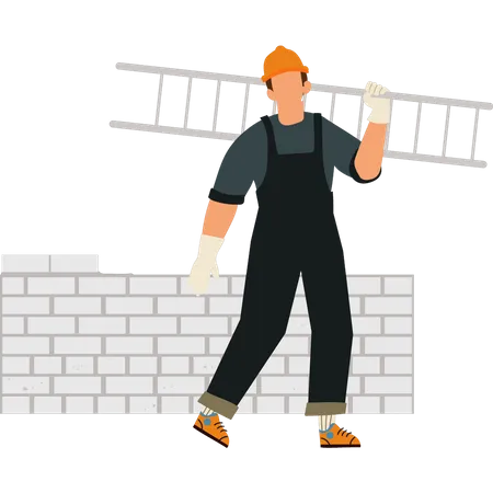 A Worker Carries A Ladder Illustration