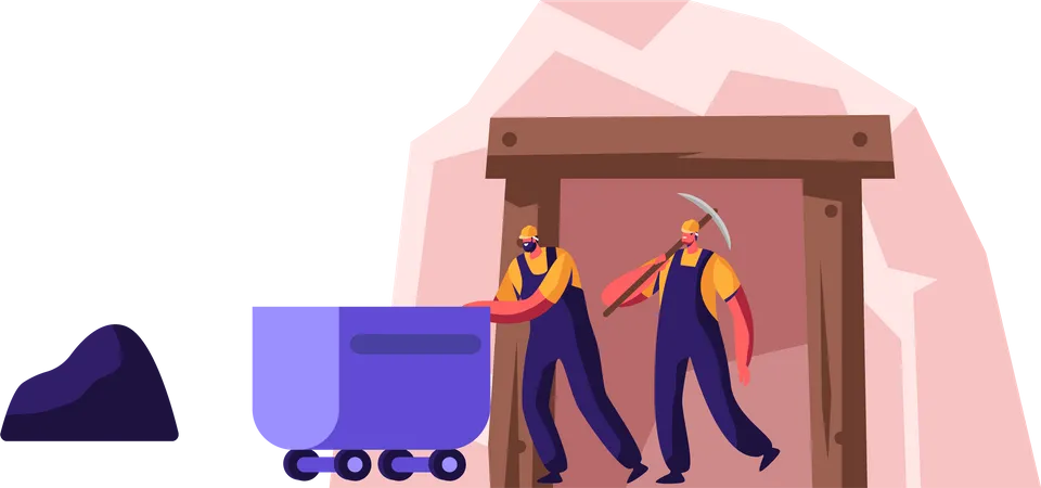 Worker Carrying on Mine Cart and Tool  Illustration