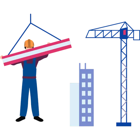 The Worker Carrying Steel Beam By Crane Illustration