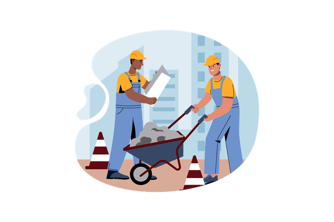 Worker carrying wheelbarrow  Illustration