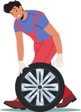 Worker changing tire with spare wheel Illustration