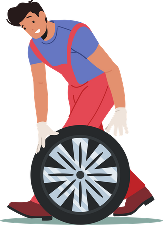 Worker changing tire with spare wheel  Illustration