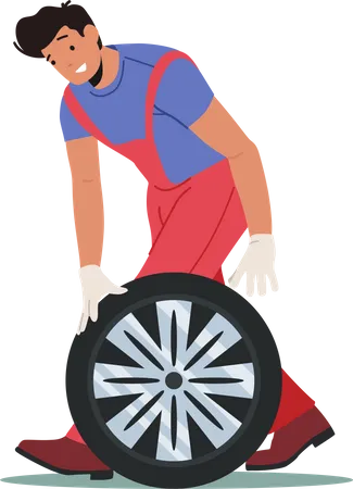 Worker changing tire with spare wheel  Illustration