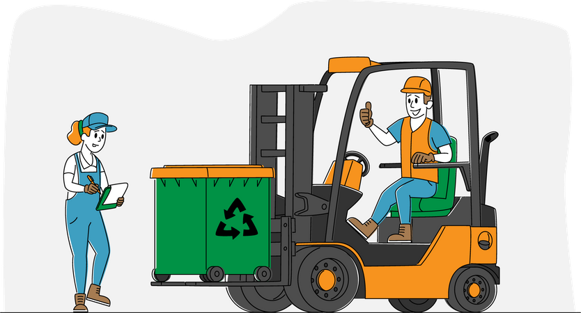 Worker Character Driving Forklift Truck with Garbage for Waste Processing. Technological Process. Recycling and Storage of Trash for Further Disposal. Manufacturing. Linear People Vector Illustration Illustration