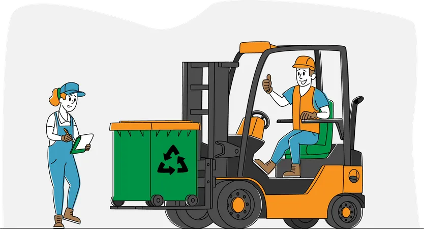 Worker Character Driving Forklift Truck with Garbage for Waste Processing. Technological Process. Recycling and Storage of Trash for Further Disposal. Manufacturing. Linear People Vector Illustration Illustration