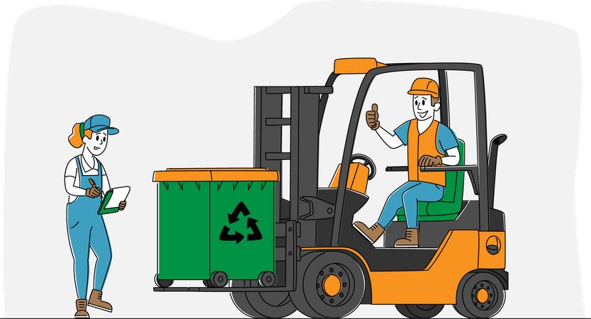 Worker Character Driving Forklift Truck with Garbage for Waste Processing. Technological Process. Recycling and Storage of Trash for Further Disposal. Manufacturing. Linear People Vector Illustration  Illustration