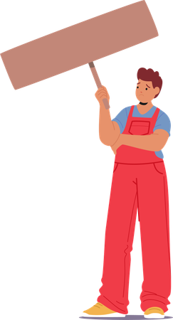 Worker Character In Red Overalls Holding Empty Signboard And Looking Disappointed  Illustration