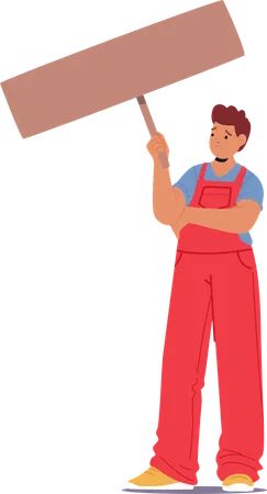 Worker Character In Red Overalls Holding Empty Signboard And Looking Disappointed  Illustration