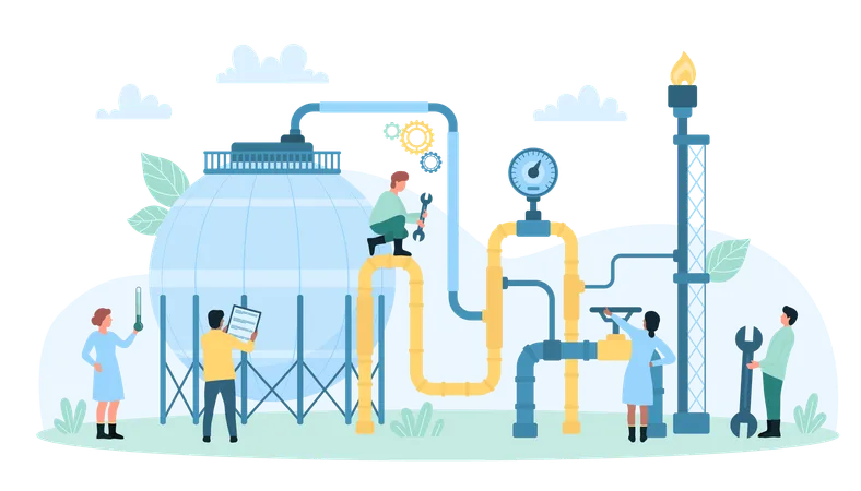 Safety Control Of Oil And Gas Industry Equipment Vector Illustration Cartoon Tiny People Check LPG Tank Valves And Steel Pipelines For Leaks Workers Measuring Pressure In Industrial Container 일러스트레이션