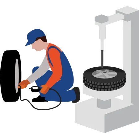 Worker checking air pressure in tire  Illustration