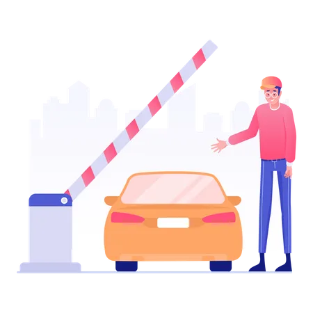 Worker checking car at toll plaza Illustration