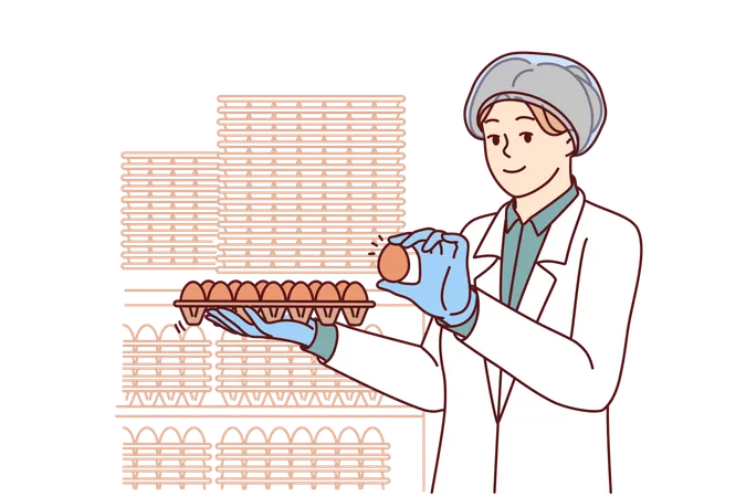 Woman Factory Worker Holds Chicken Eggs While Checking Finished Product For Compliance With Quality Standards Young Girl Factory Technologist In White Coat Works In Food Industry Illustration
