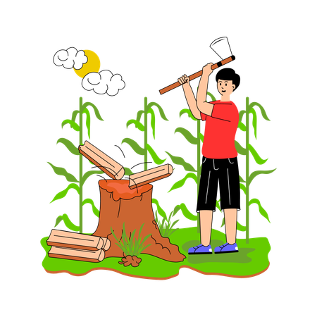 Worker chopping wood in  garden  Illustration