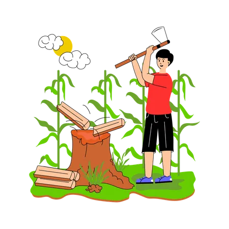 Worker chopping wood in  garden  Illustration