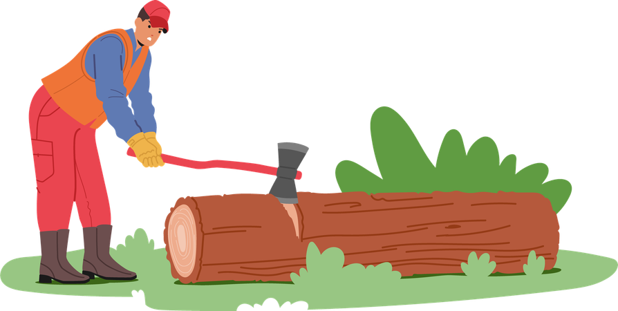 Worker Chops Log With Axe  Illustration