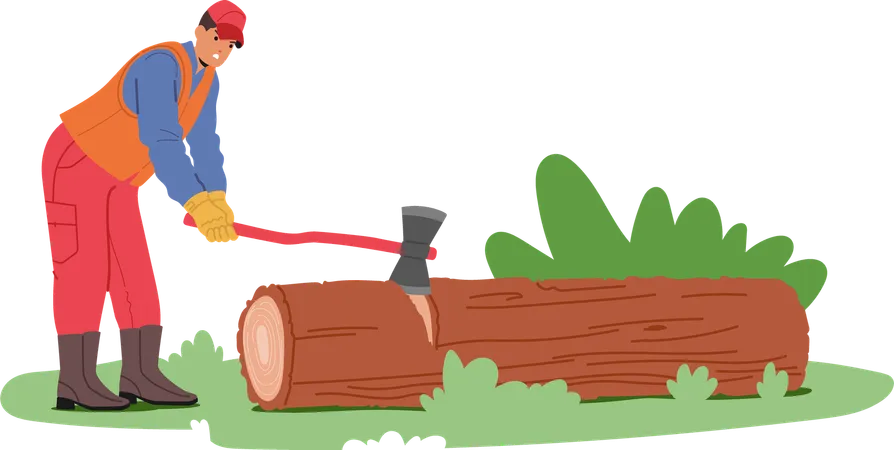 Worker Chops Log With Axe  Illustration