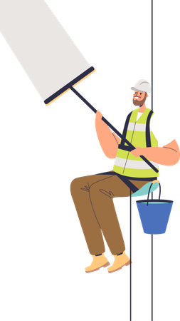 Worker clean glass with cleaning tools  Illustration