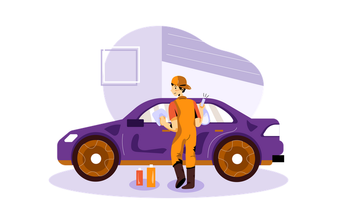 Worker Cleaning Car Illustration