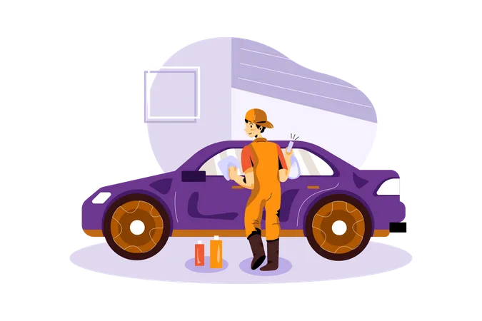 Worker Cleaning Car Illustration